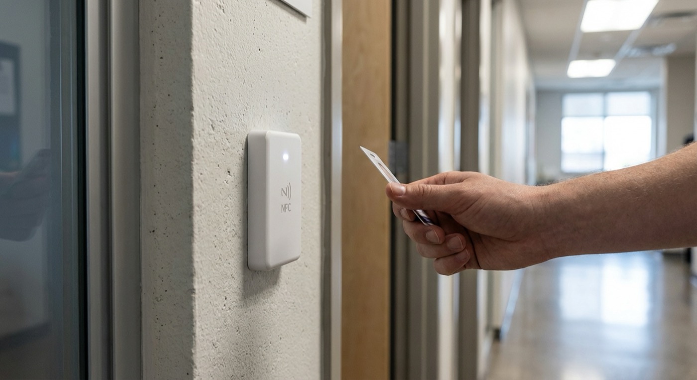 Person scanning NFC card on the device